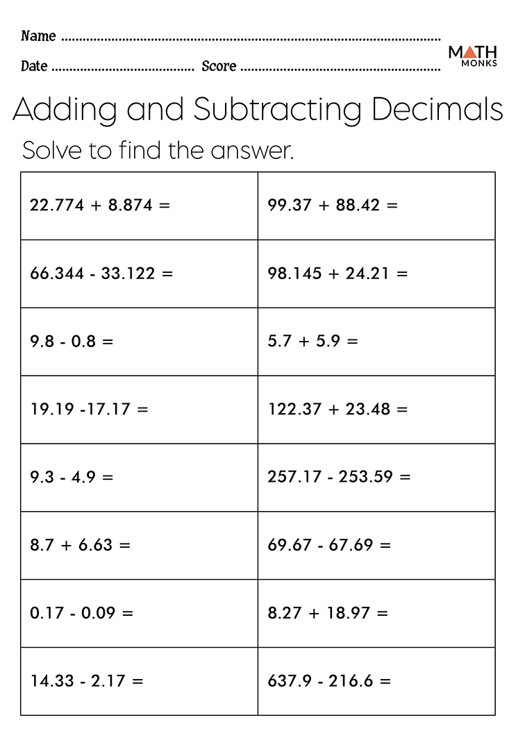 Adding And Subtracting Decimals Worksheets Math Monks