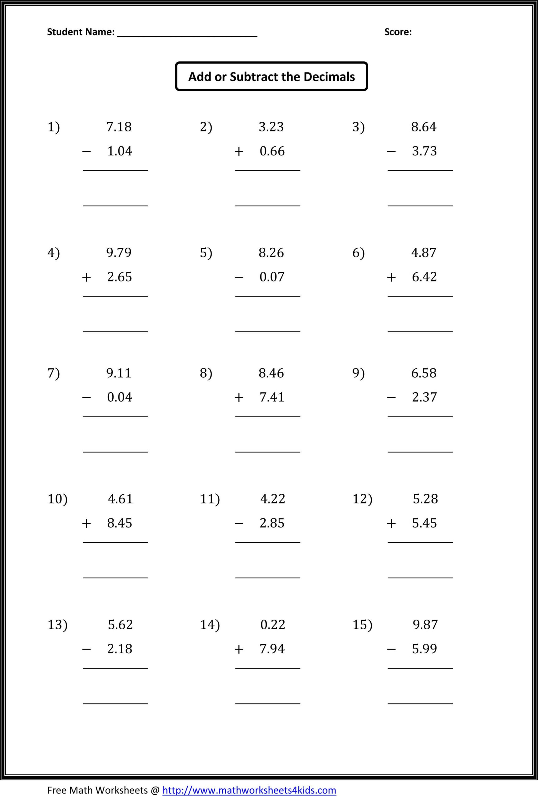 Adding And Subtracting Decimals Worksheets Pdf 7th Grade Askworksheet