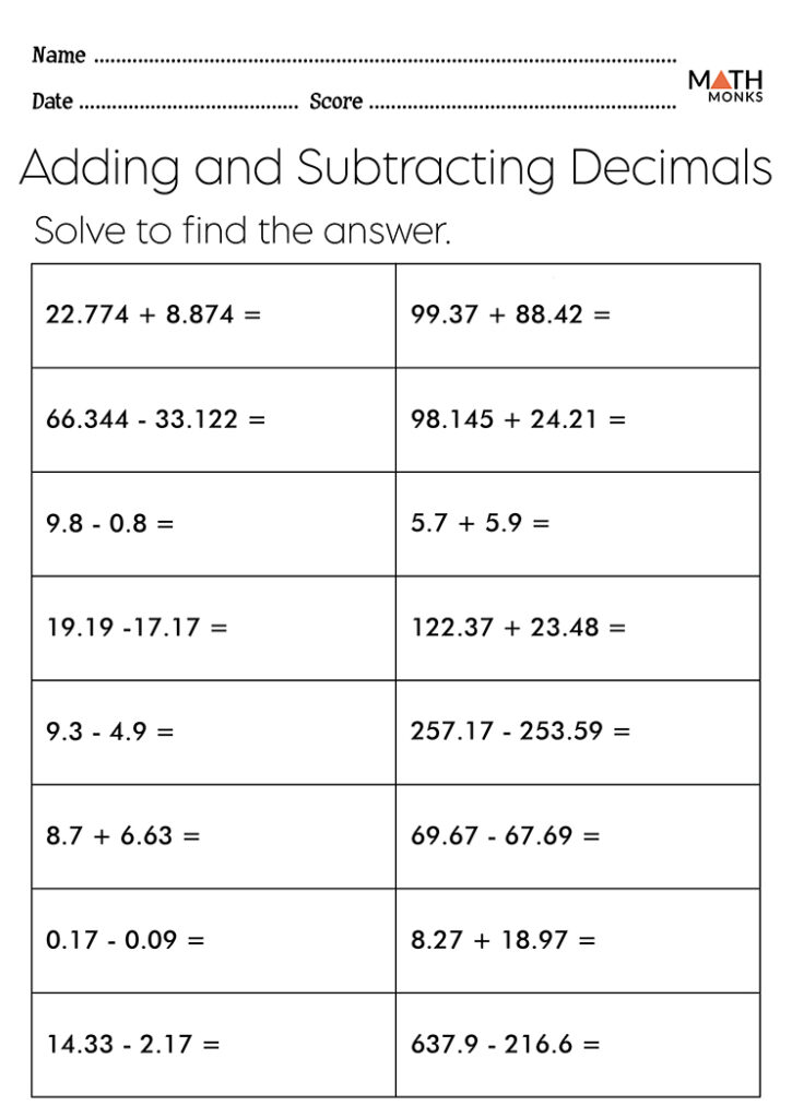 Adding And Subtracting Decimals Year 6 Worksheet Decimal Subtract 