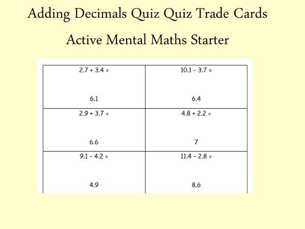 Adding Decimals Quiz Quiz Trade Cards Teaching Resources