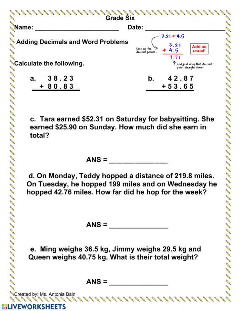 Adding Decimals With Word Problems Worksheet