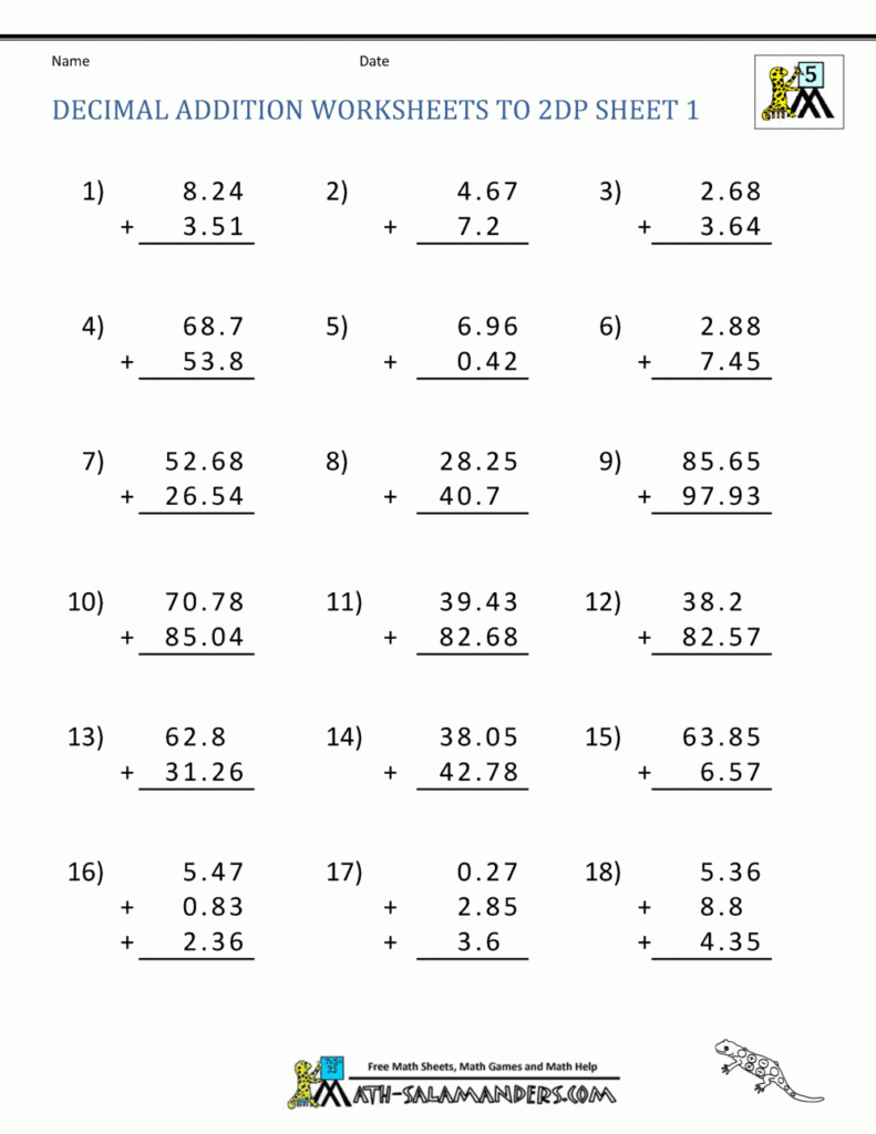 Adding Decimals Worksheet 5th Grade