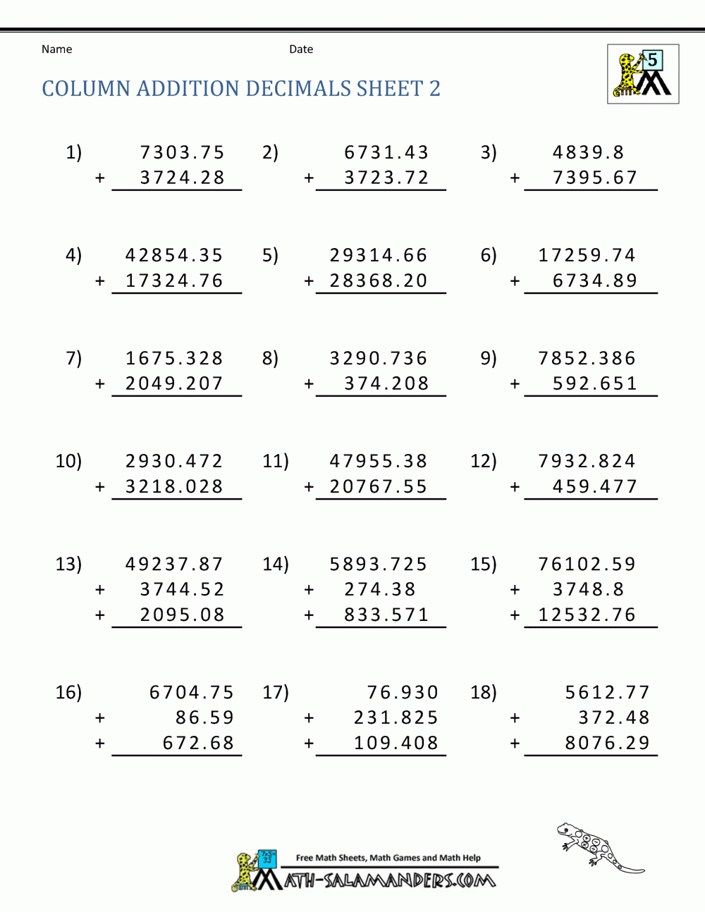 Adding Decimals Worksheet 5th Grade