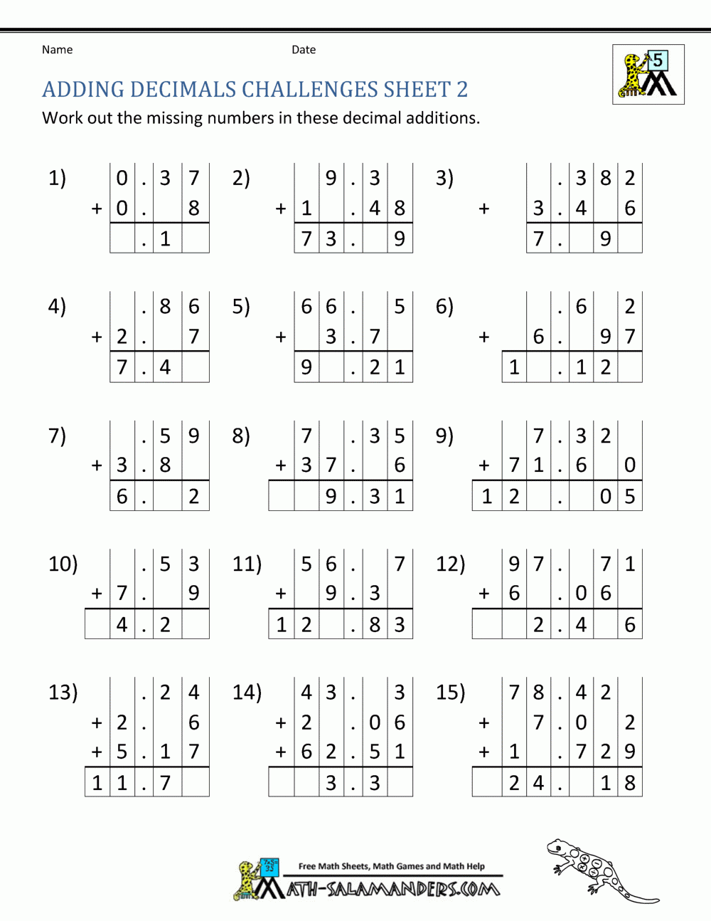 Adding Decimals Worksheet 5th Grade