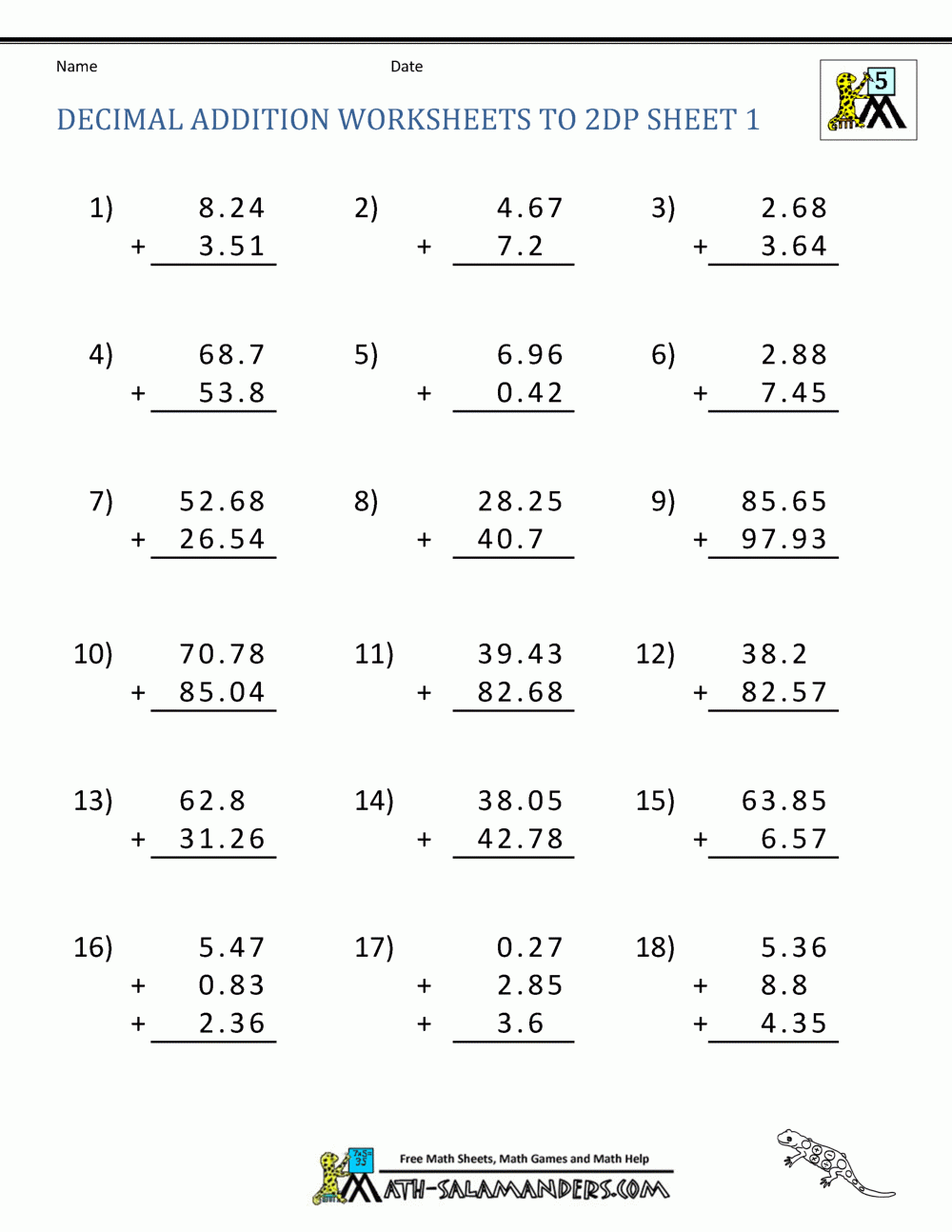 Adding Decimals Worksheet 5th Grade