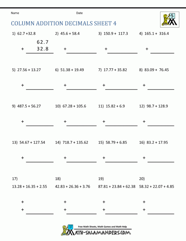 Adding Decimals Worksheet 5th Grade