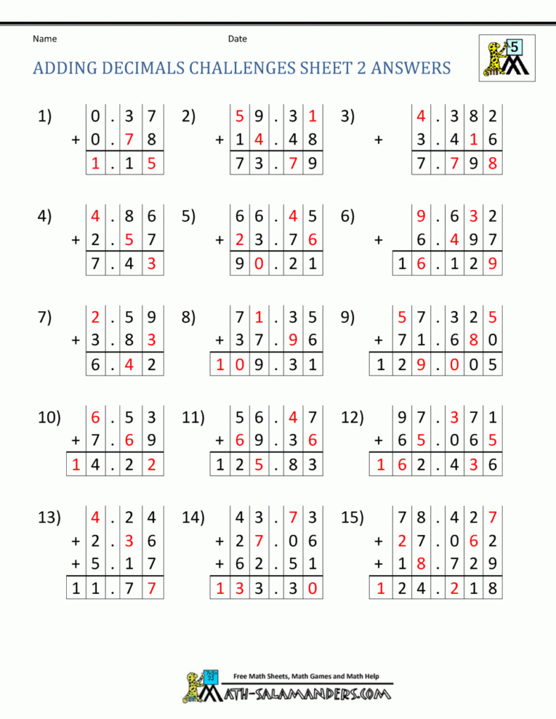 Adding Decimals Worksheet 5th Grade