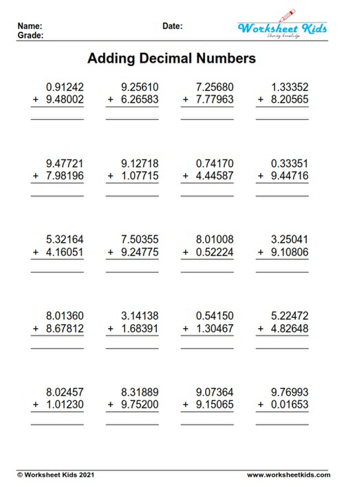 Adding Decimals Worksheet For 5th 6th Grade KS2 Free Printable PDF