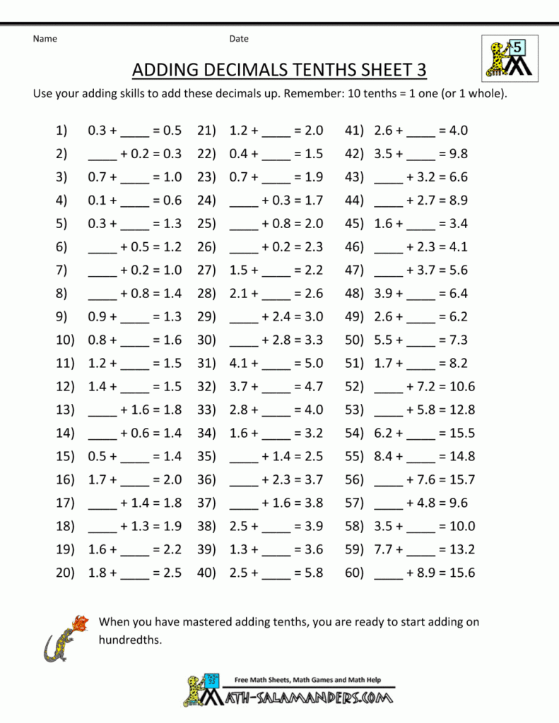 Adding Decimals Worksheet Pdf