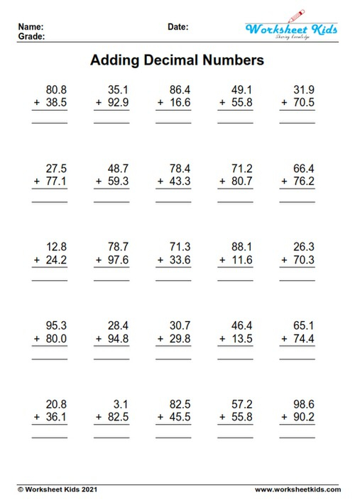 Adding Decimals Worksheet WorkSheets And Kindergarten