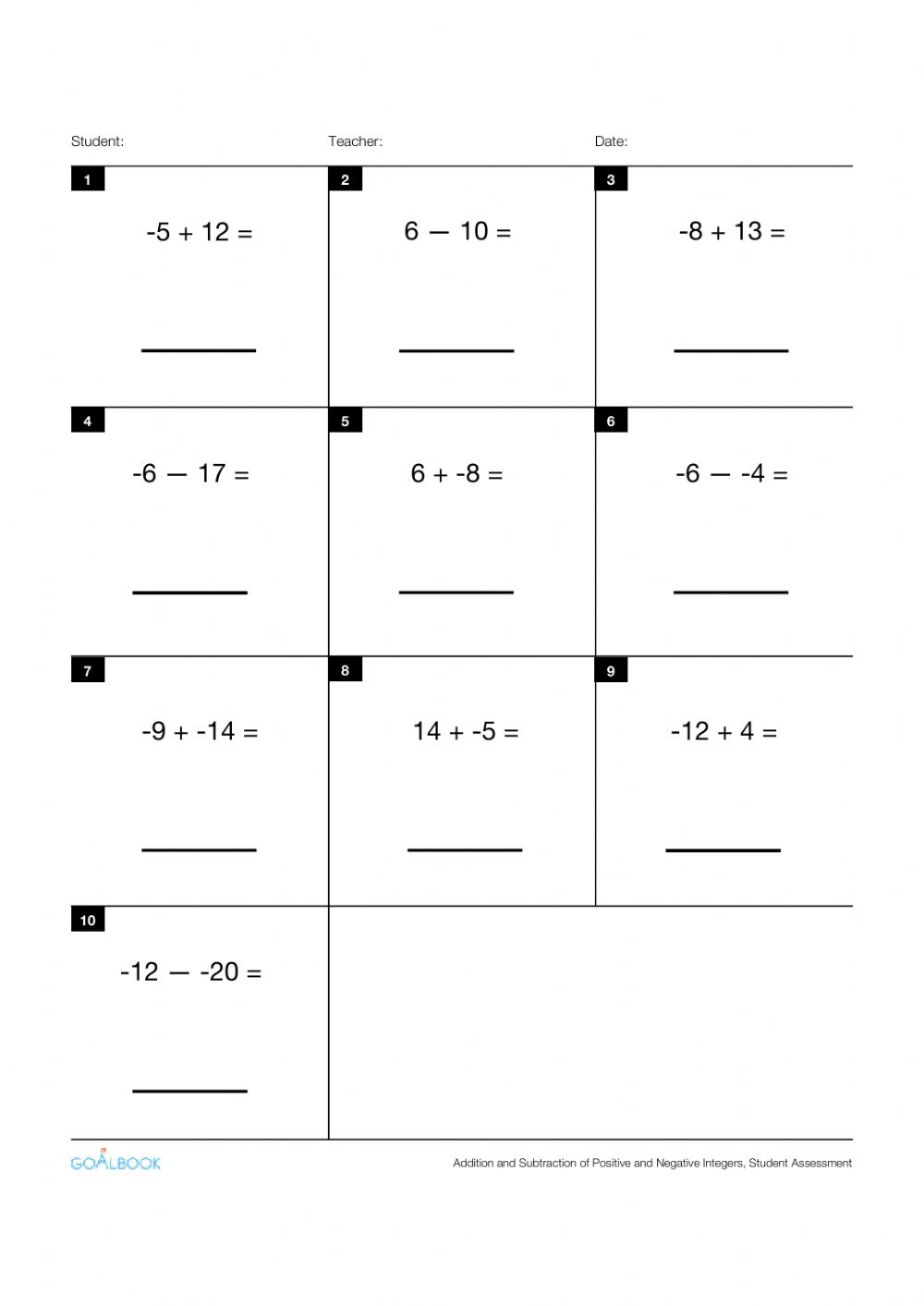 Adding Positive And Negative Numbers Benchmark Worksheet