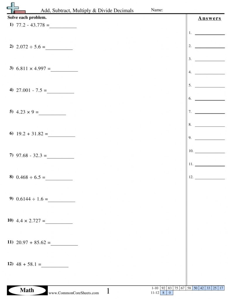 Adding Subtracting Multiplying And Dividing Decimals Worksheet