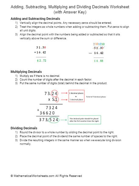 Adding Subtracting Multiplying And Dividing Decimals Worksheet with 