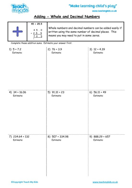 Adding Whole And Decimal Numbers TMK Education