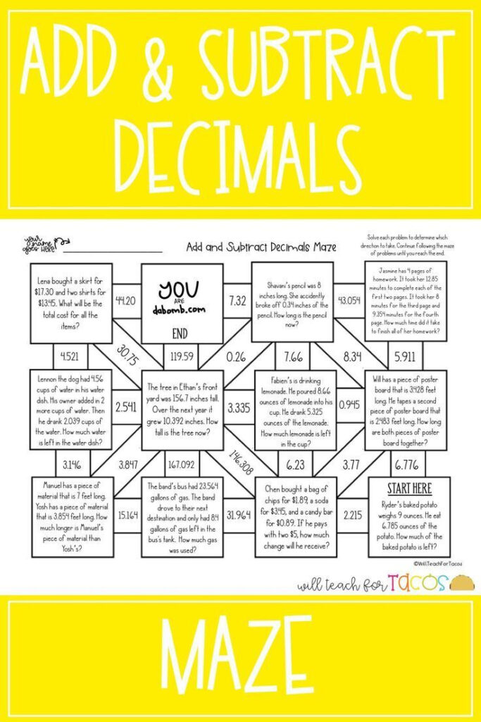 Addition And Subtraction Maze 3 4A Subtracting Decimals Addition And 