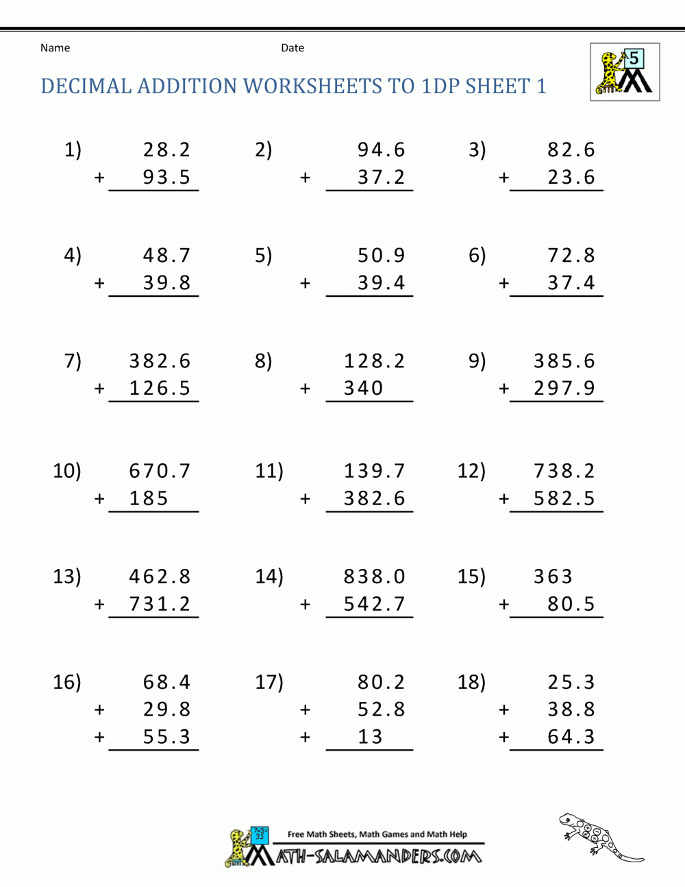 Addition Decimals Worksheets Worksheet Hero