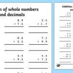 Addition Of Whole Numbers And Decimals To One Place Worksheet