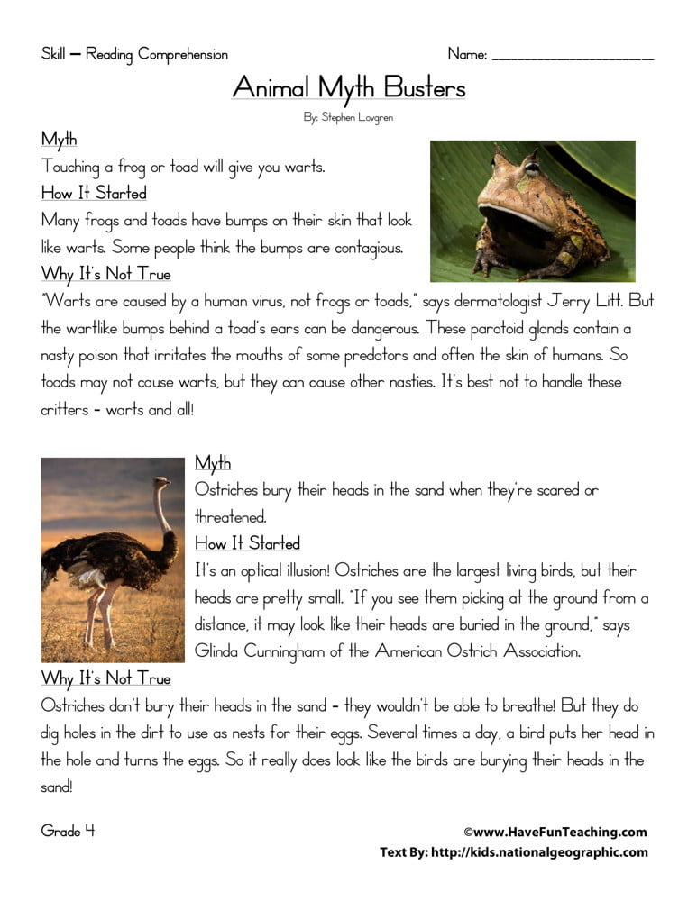 Animal Myth Busters Reading Comprehension Worksheets WorksheetsCity