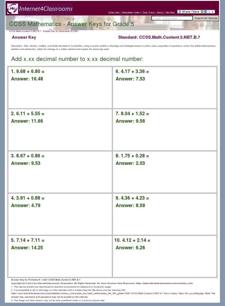 Answer Key Download Worksheet 13391 CCSS Math Content 5 NBT B 7