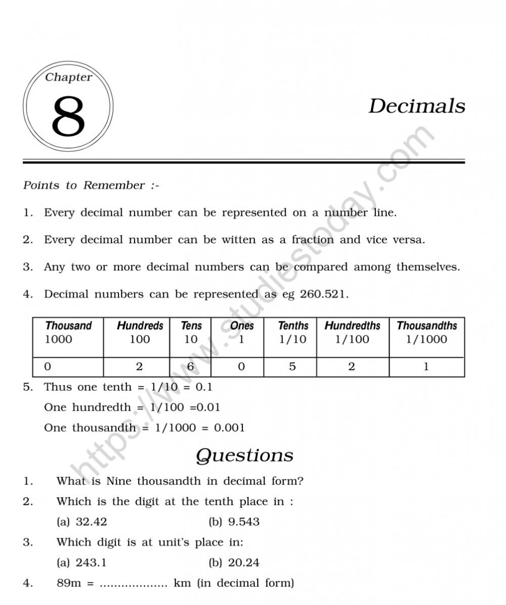 CBSE Class 6 Mental Maths Decimals Worksheet