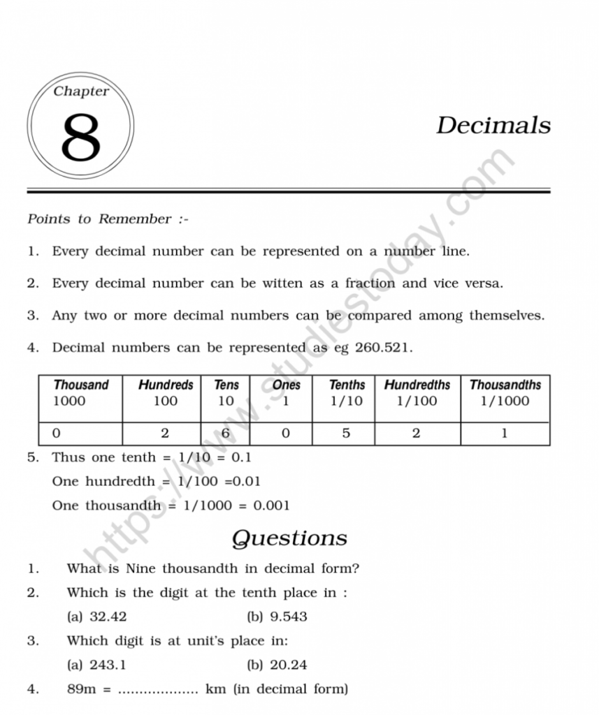 CBSE Class 6 Mental Maths Decimals Worksheet