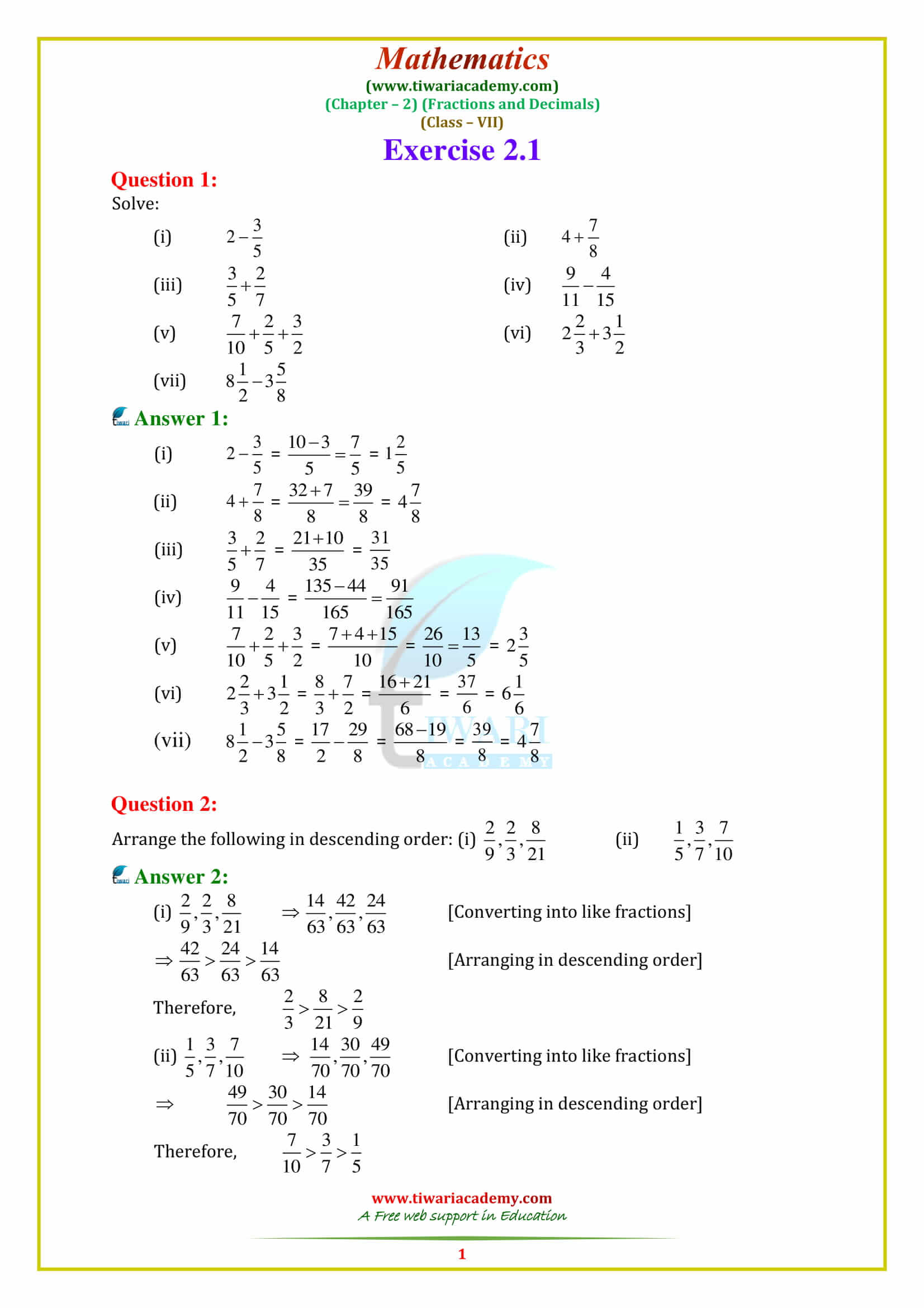 CBSE NCERT Class 7 Maths Chapter 2 Exercise 2 1 Solution For 2022 2023