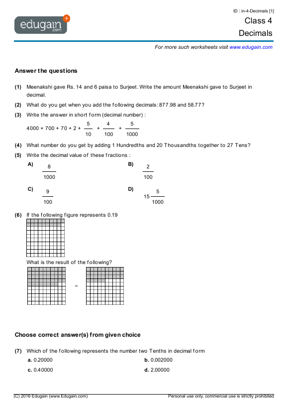 Class 4 Math Worksheets And Problems Decimals Edugain India