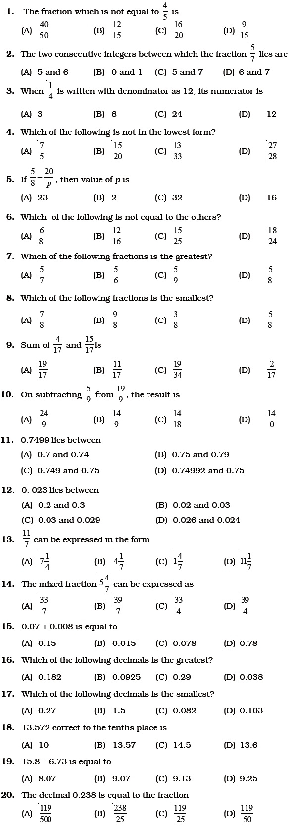 Class 6 Important Questions For Maths Fractions And Decimals