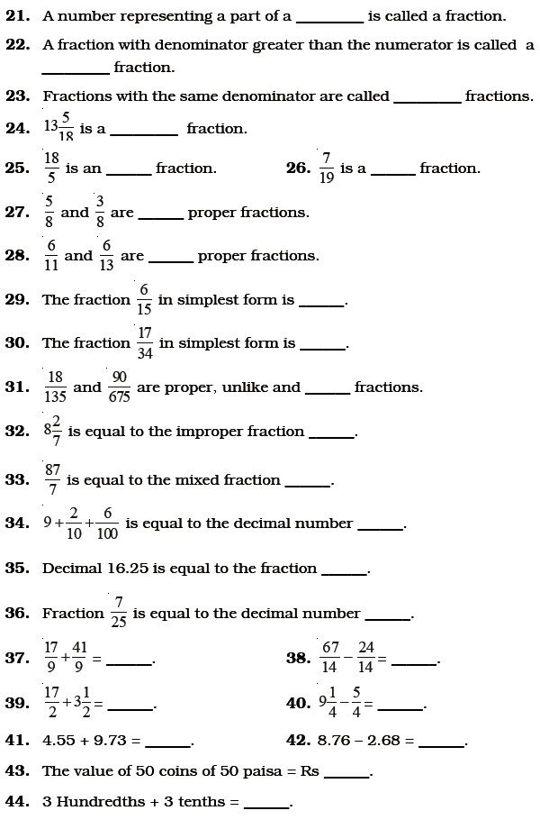 Class 6 Important Questions For Maths Fractions And Decimals 