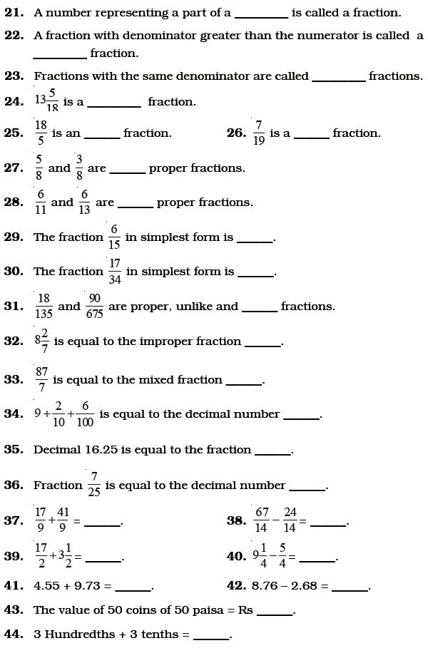 Class 6 Important Questions For Maths Fractions And Decimals