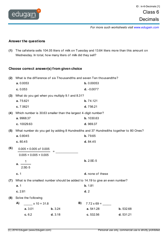 Class 6 Math Worksheets And Problems Decimals Edugain India