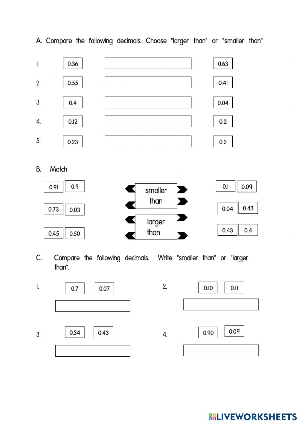 Compare Decimals Hundredths Worksheet