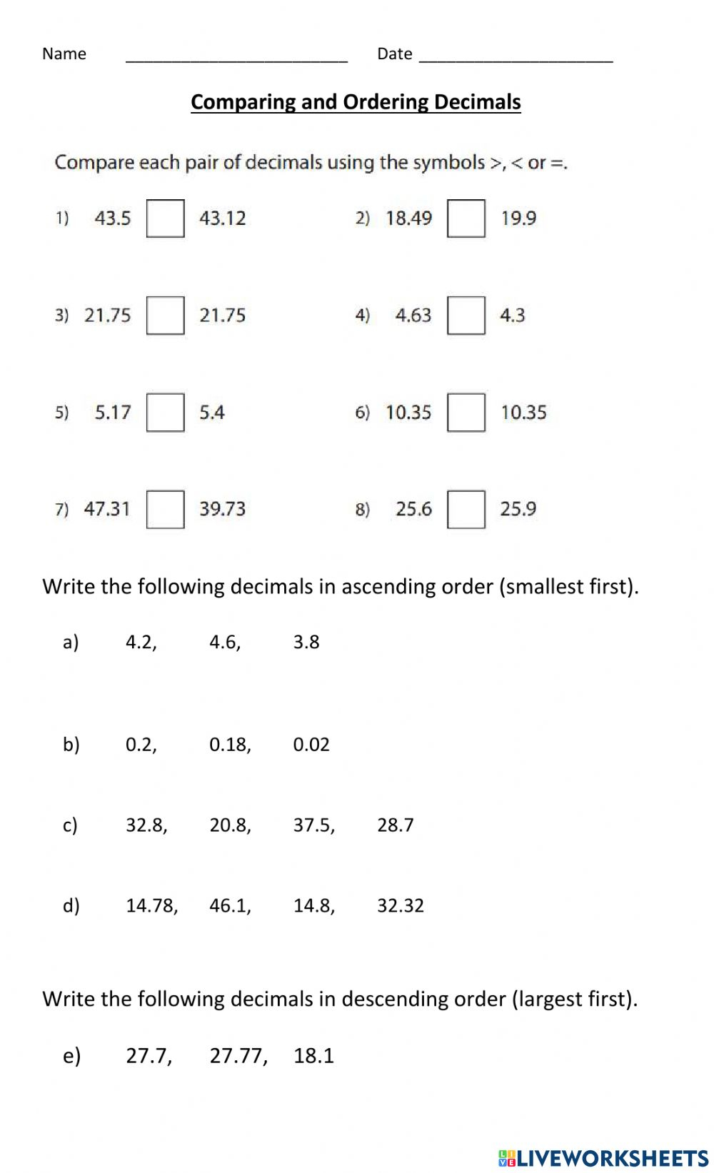 Comparing And Ordering Decimals Worksheet