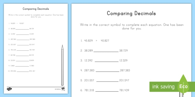 Comparing Decimals To The Thousandths Place Worksheet Worksheet