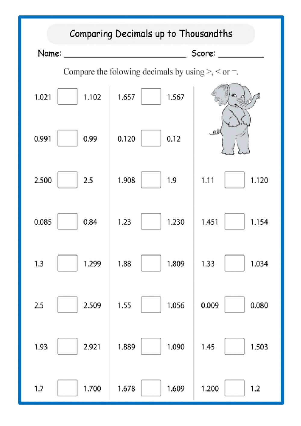 Comparing Decimals Worksheet