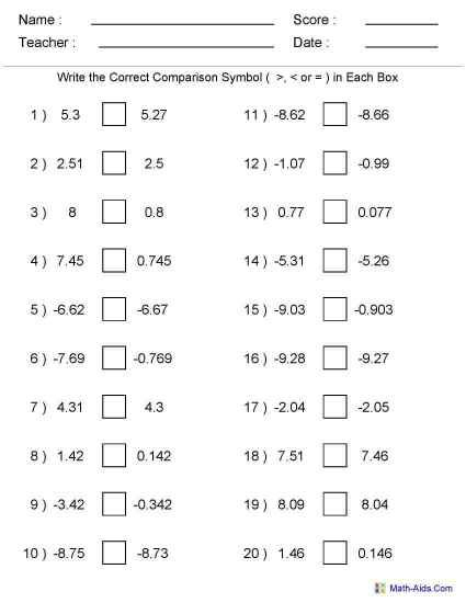 Comparing Decimals Worksheet Grade 5 Pdf Kidsworksheetfun