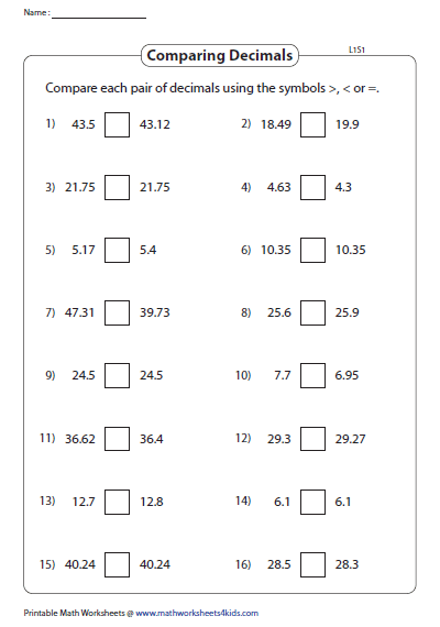 Comparing Decimals Worksheets