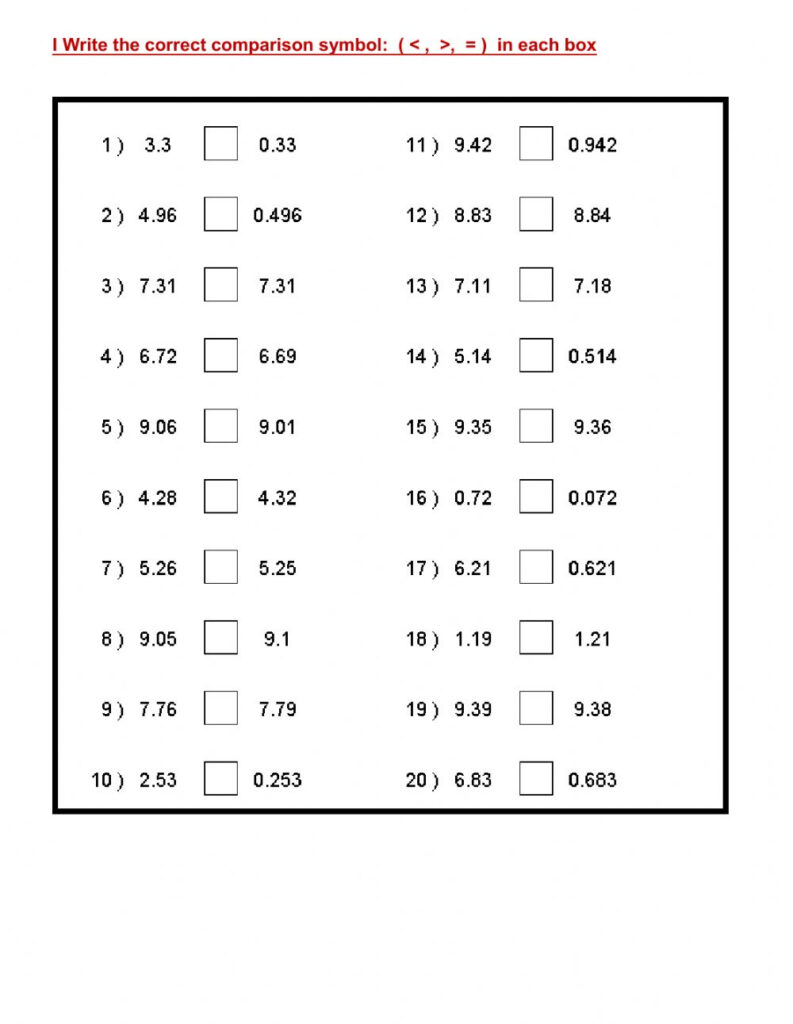 Comparing Decimals Worksheets Comparing Decimals 1 2 Digits 