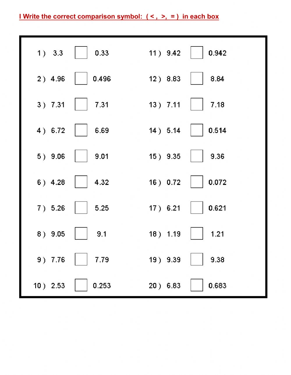 Comparing Decimals Worksheets Comparing Decimals 1 2 Digits 