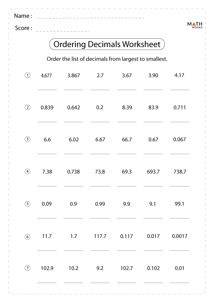 Comparing Decimals Worksheets Comparing Decimals 1 2 Digits 