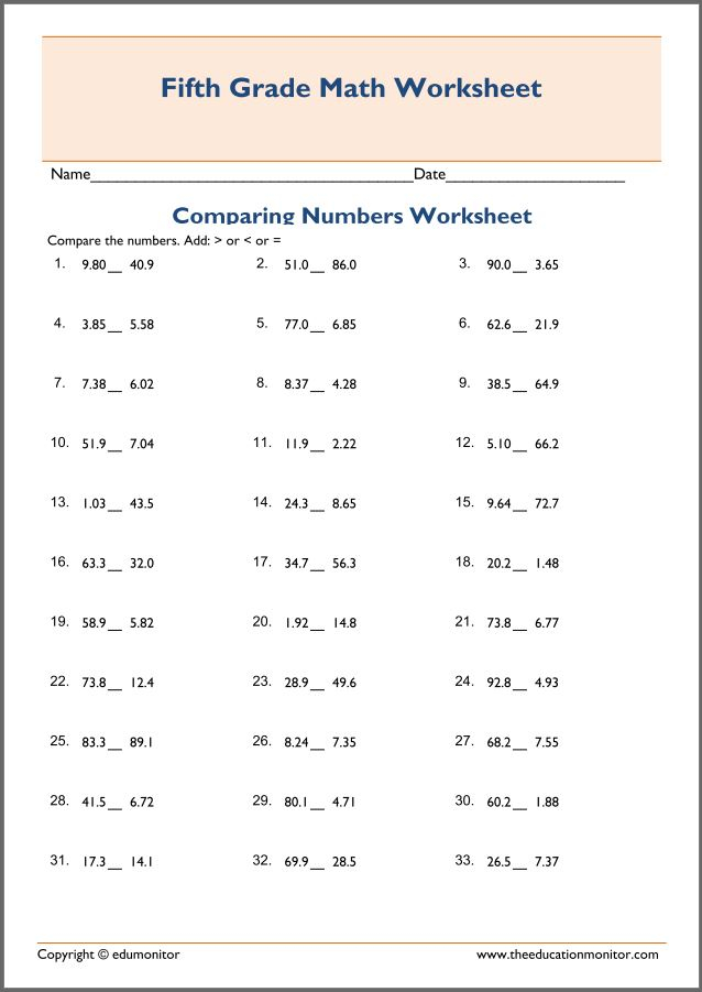 Comparing Decimals Worksheets