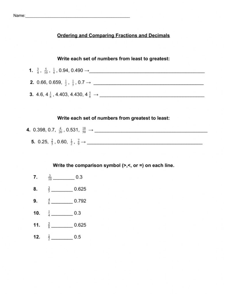 Comparing Fractions And Decimals Worksheet