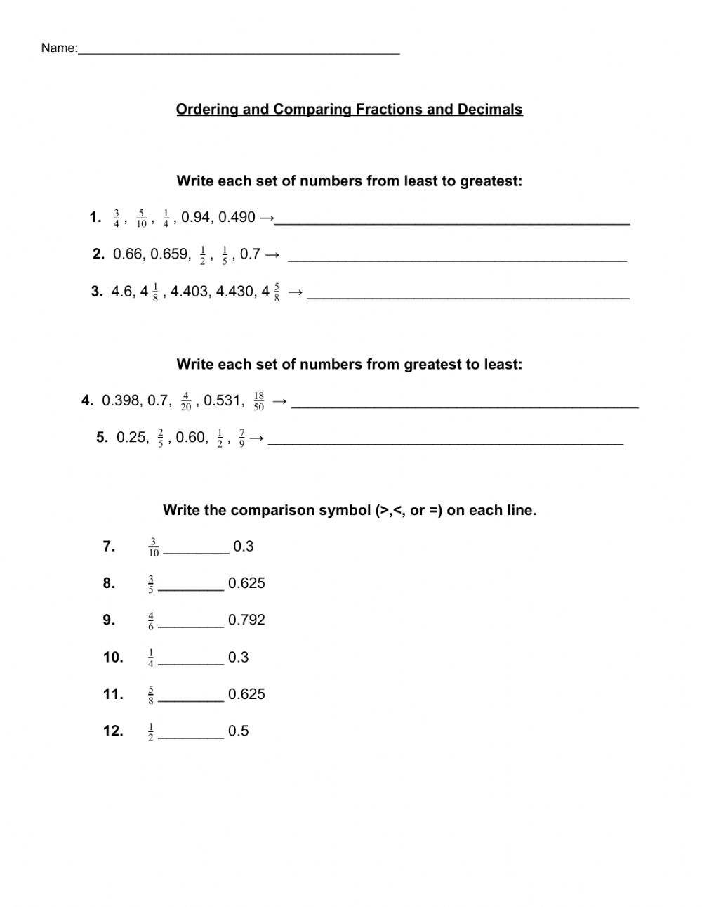 Comparing Fractions And Decimals Worksheet