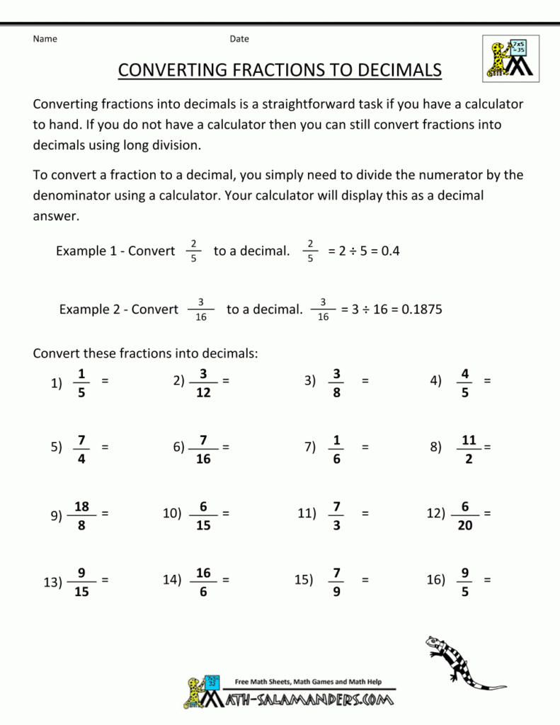 Convert Decimals To Fraction Worksheet Maker Free Converting Fractions To Decimals Worksheet 