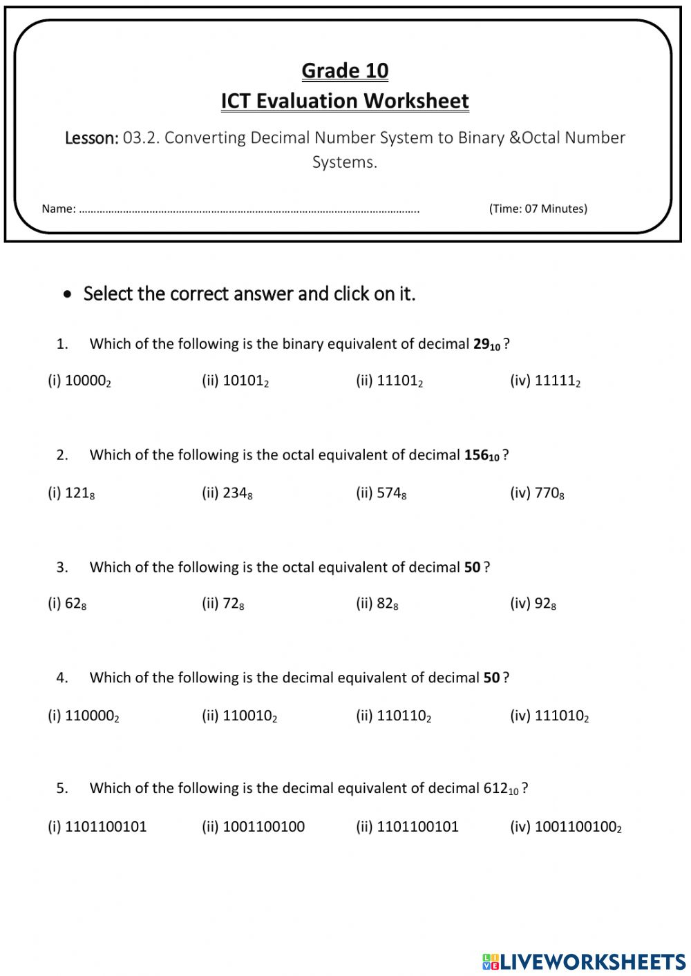 Converting Decimal Number System To Binary Octal Number Systems Worksheet