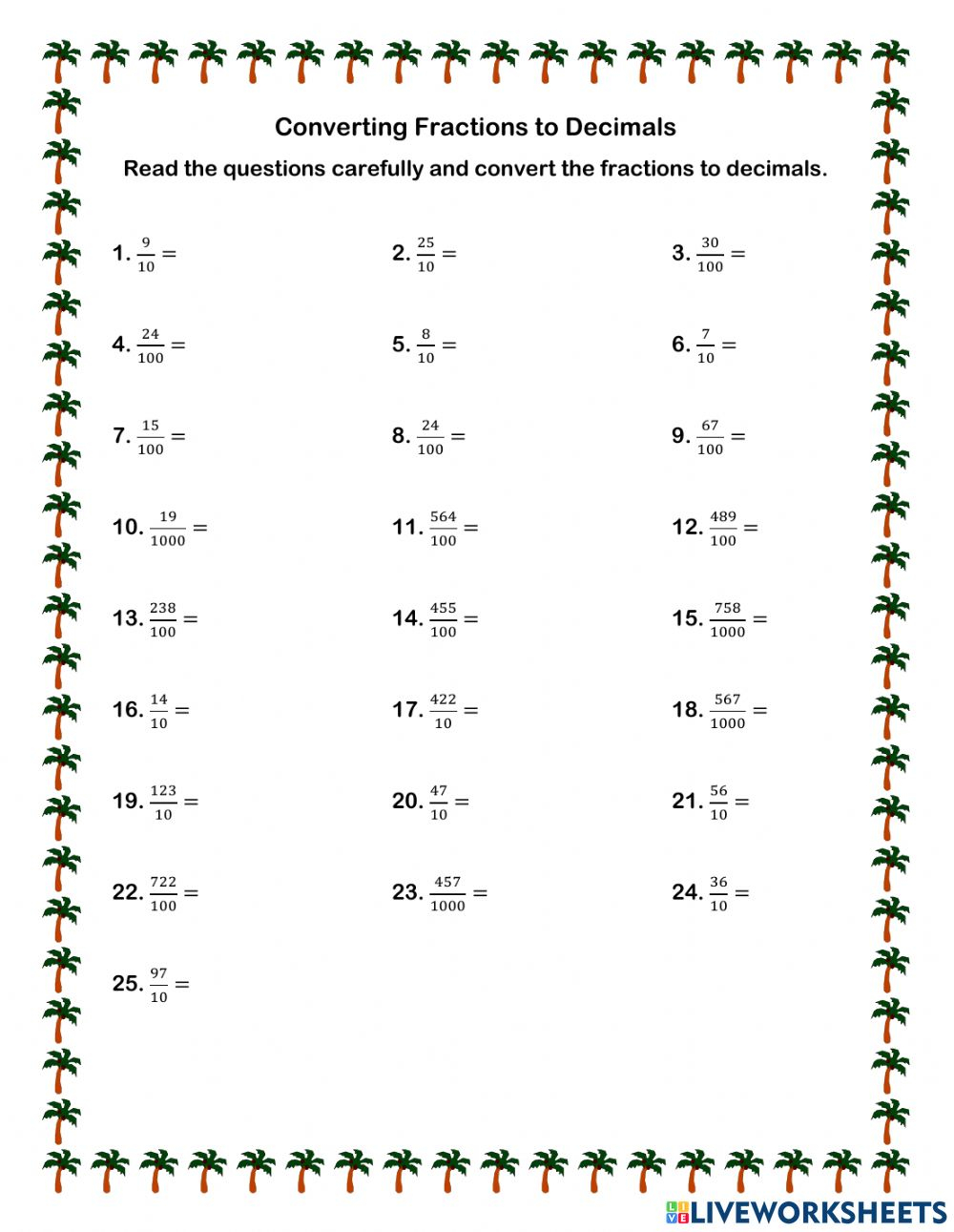 Converting Fractions To Decimals I Worksheet