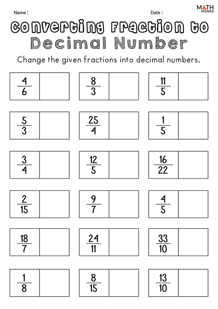 Converting Fractions To From Decimals Worksheets Math Monks