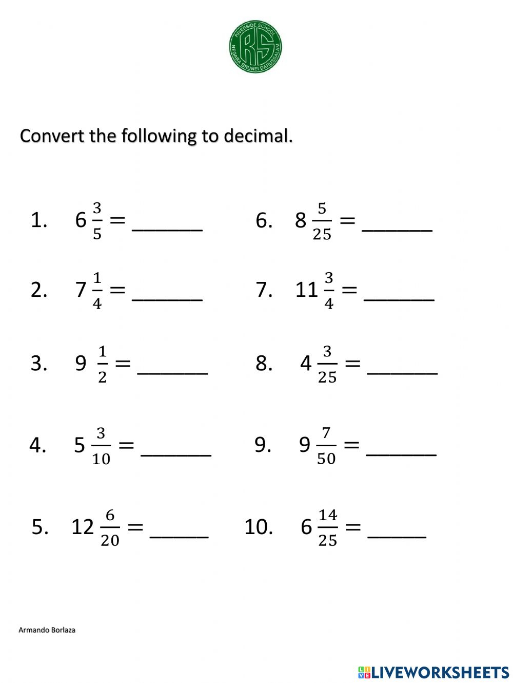 Converting Mixed Number To Decimal Worksheet