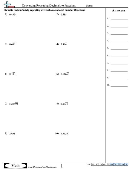Converting Repeating Decimals To Fractions Worksheet Free
