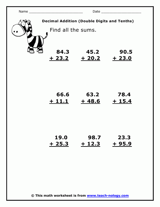 Decimal Addition Double Digits And Tenths 